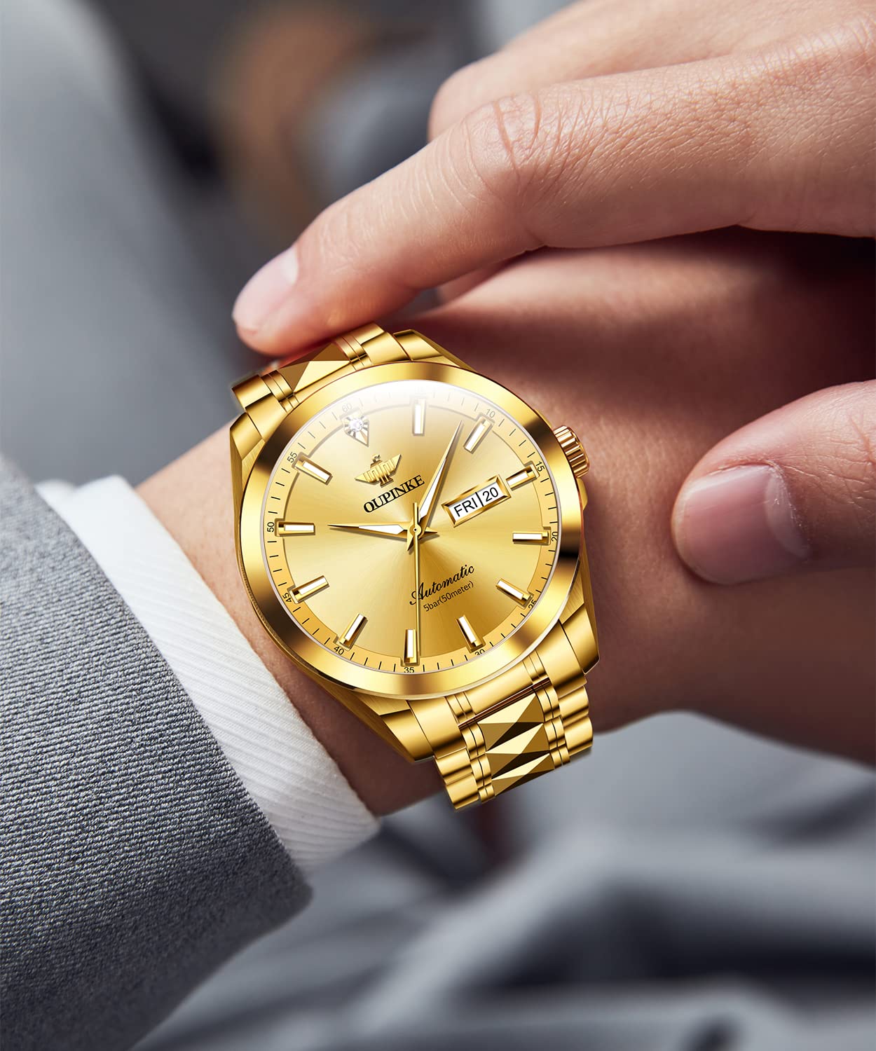 OUPINKE Mens Automatic Watches Gold Diamond Luxury Dress Self Winding Mechanical Sapphire Crystal Luminous Waterproof Mens Wrist Watch