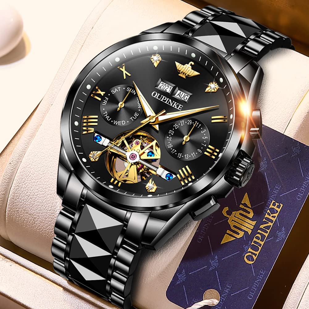 OUPINKE Mens Automatic Watch Diamond Skeleton Mechanical Self Winding Luxury Dress Wrist Watch Sapphire Crystal Tungsten