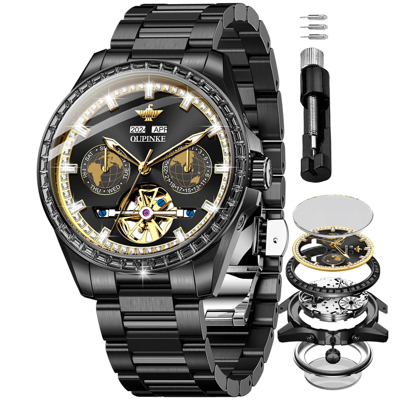 OUPINKE Mens Automatic Watches Gold Diamond Luxury Dress Self Winding Mechanical Sapphire Crystal Luminous Waterproof Mens Wrist Watch