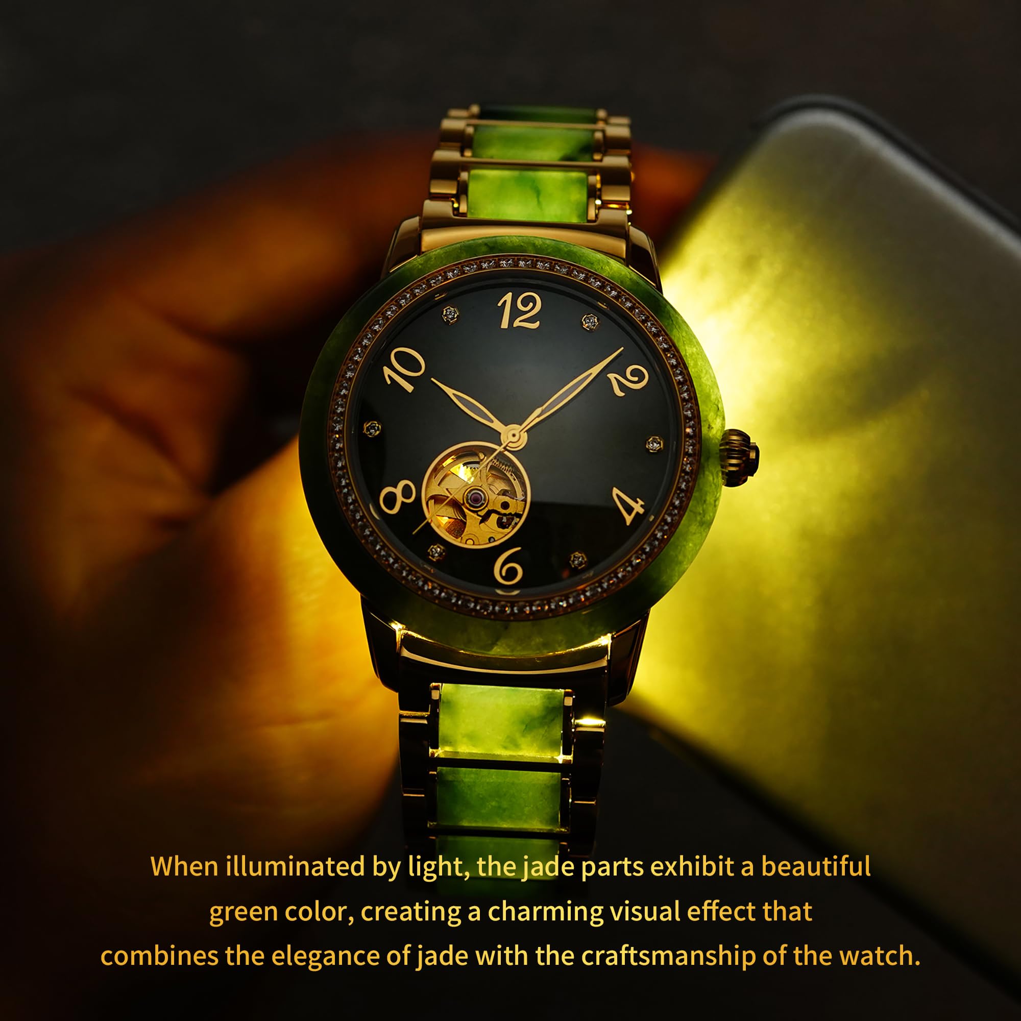 Diella Automatic Watches for Men with Jade & Stainless Steel, Rhinestones Men’s Wrist Watches Luxury Mechanical Waterproof Dress Watch (Model: AD6020)