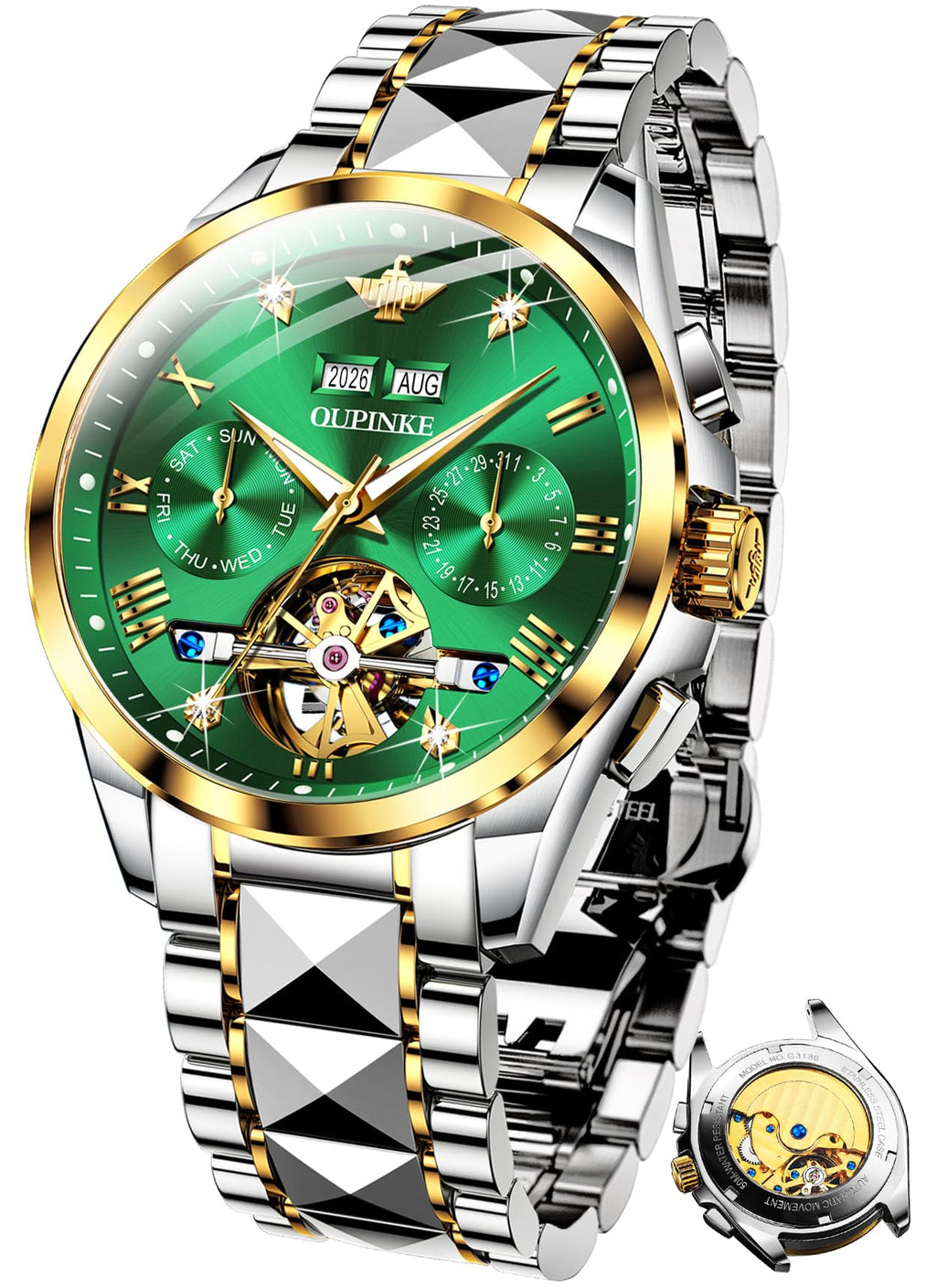 OUPINKE Mens Automatic Watch Diamond Skeleton Mechanical Self Winding Luxury Dress Wrist Watch Sapphire Crystal Tungsten