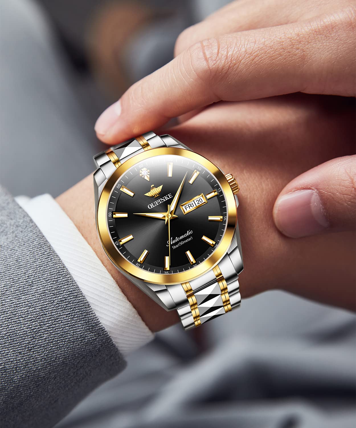 OUPINKE Mens Automatic Watches Gold Diamond Luxury Dress Self Winding Mechanical Sapphire Crystal Luminous Waterproof Mens Wrist Watch