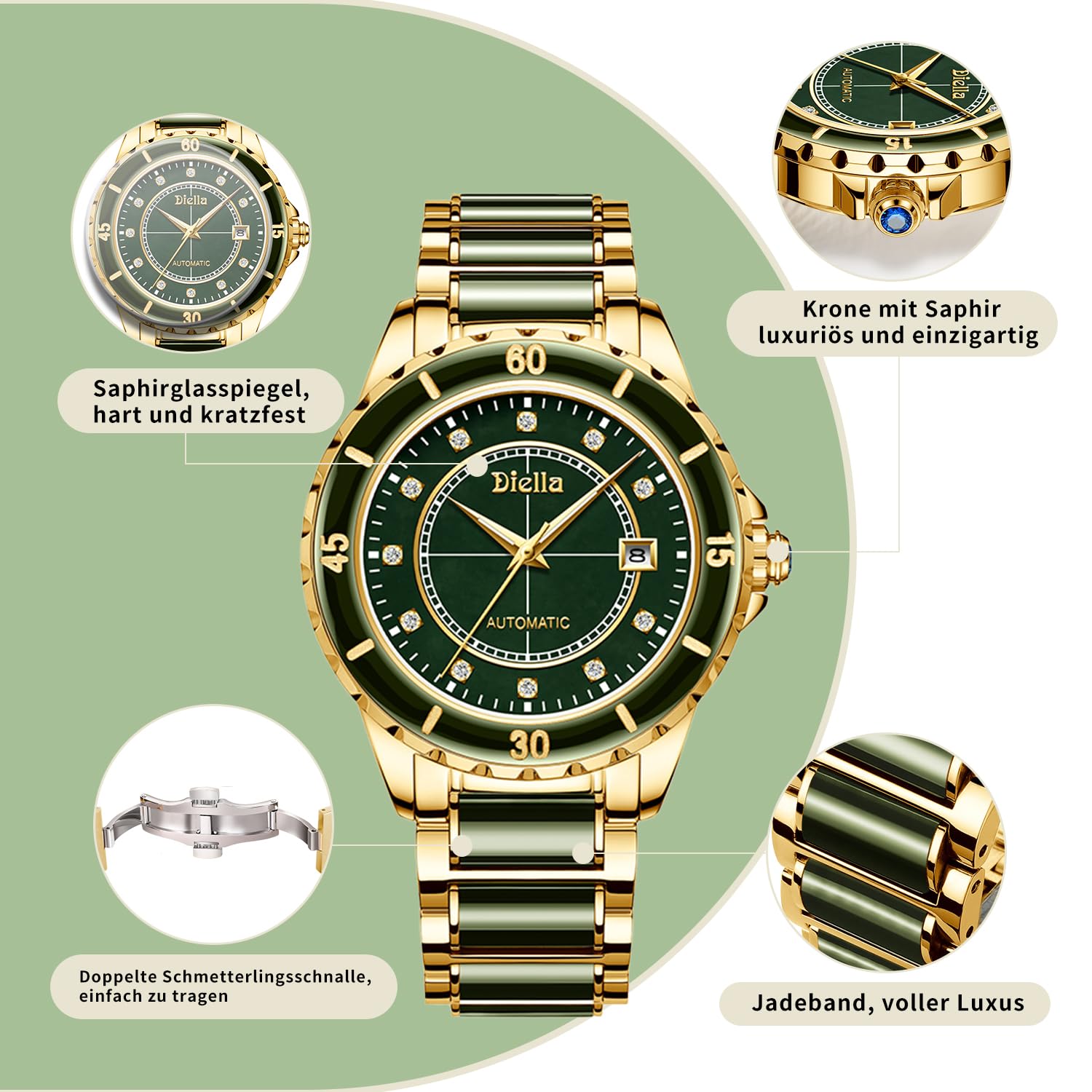 Diella Automatic Watches for Men with Jade & Stainless Steel, Rhinestones Men’s Wrist Watches Luxury Mechanical Waterproof Dress Watch (Model: AD6020)