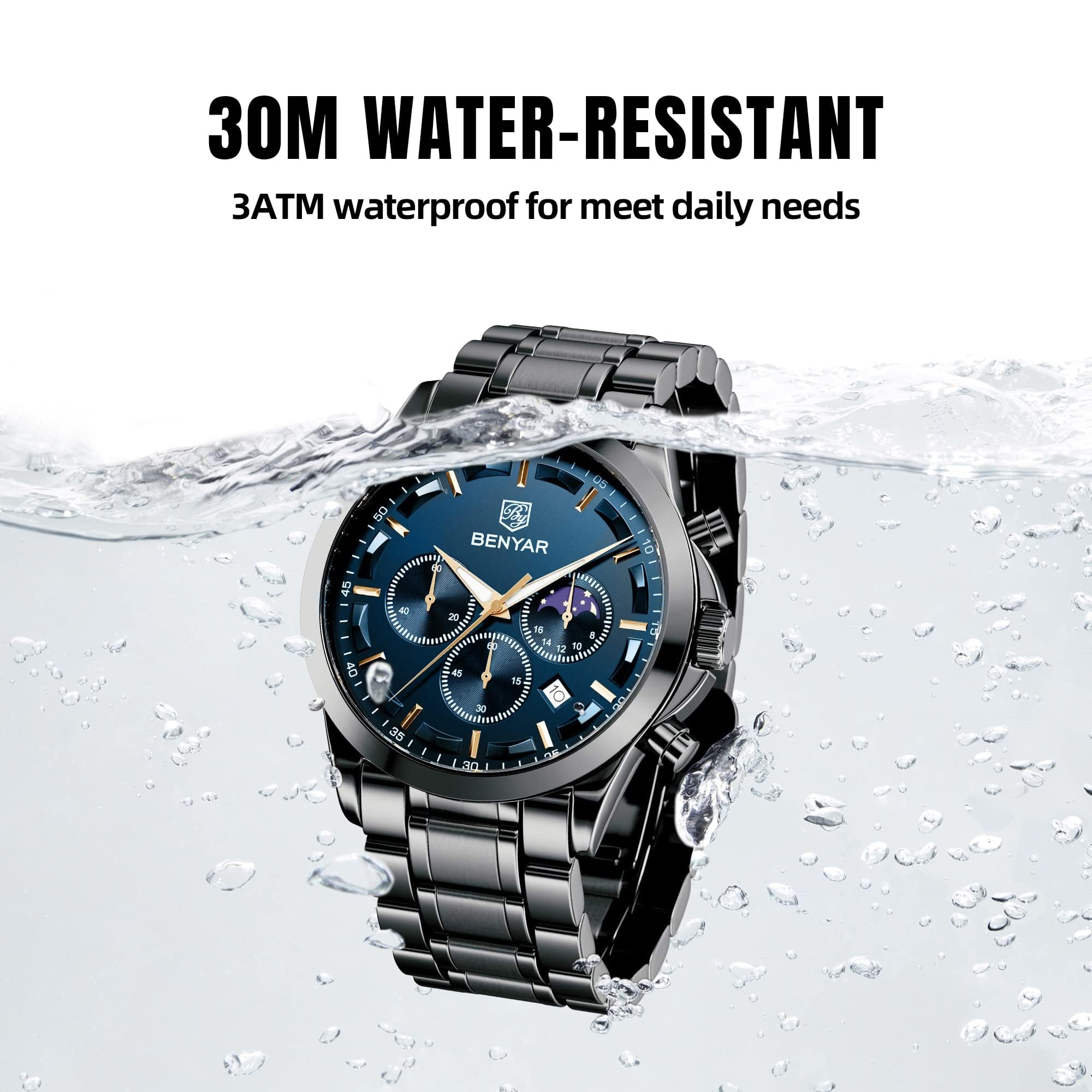 BY BENYAR Mens Watches Analog Quartz Chronograph Waterproof Wrist Watches for Men Fashion Business Work Casual Sport Designer Dress Watch with Calendar Elegant Gifts for Men