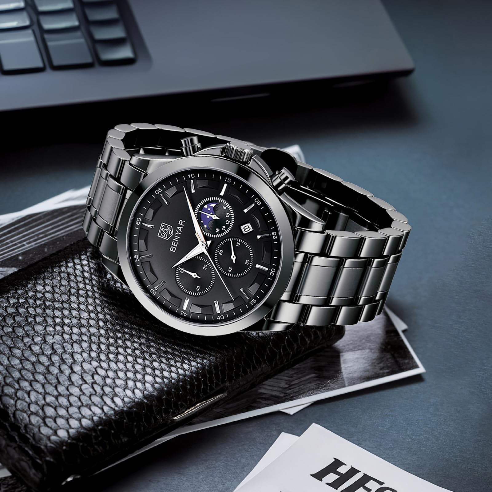 BY BENYAR Mens Watches Analog Quartz Chronograph Waterproof Wrist Watches for Men Fashion Business Work Casual Sport Designer Dress Watch with Calendar Elegant Gifts for Men
