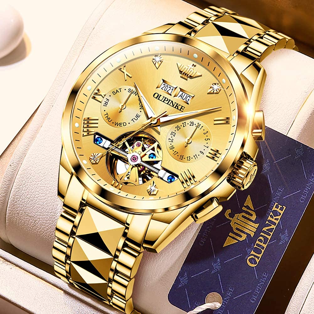 OUPINKE Mens Automatic Watch Diamond Skeleton Mechanical Self Winding Luxury Dress Wrist Watch Sapphire Crystal Tungsten