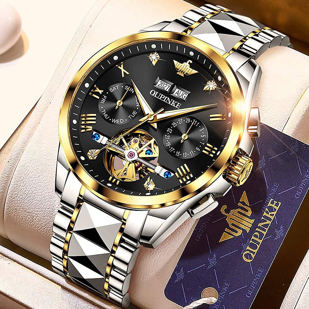 OUPINKE Mens Automatic Watch Diamond Skeleton Mechanical Self Winding Luxury Dress Wrist Watch Sapphire Crystal Tungsten