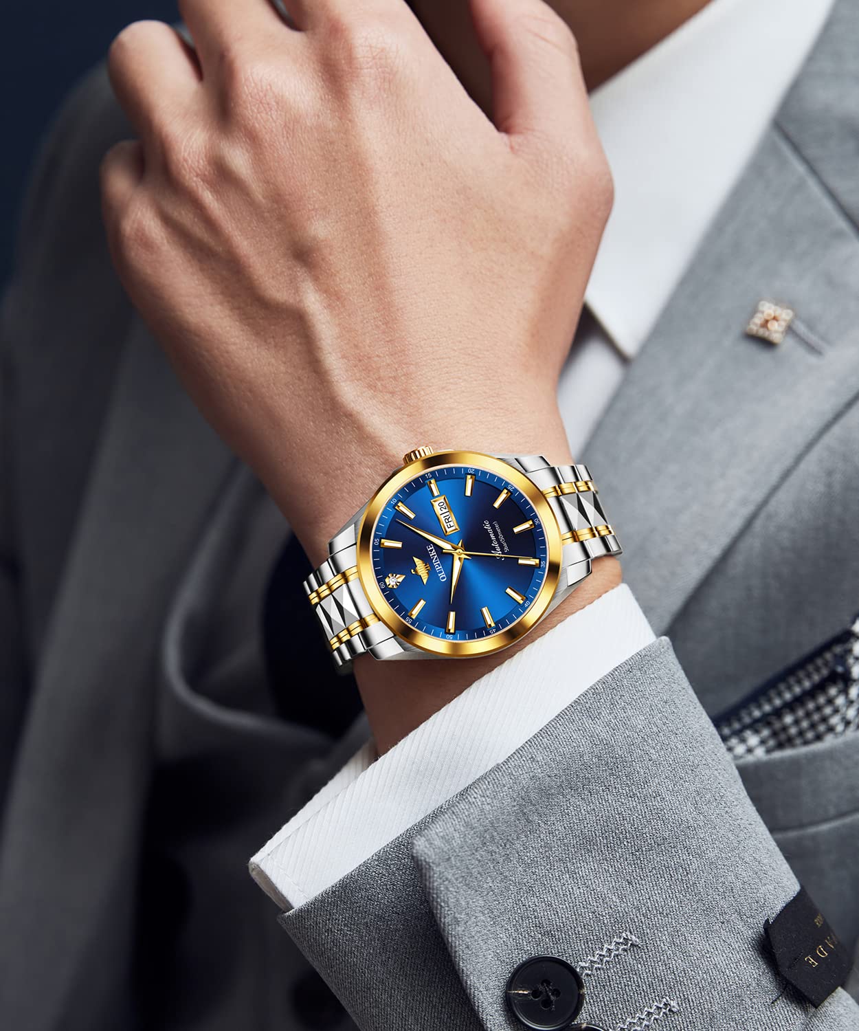 OUPINKE Mens Automatic Watches Gold Diamond Luxury Dress Self Winding Mechanical Sapphire Crystal Luminous Waterproof Mens Wrist Watch