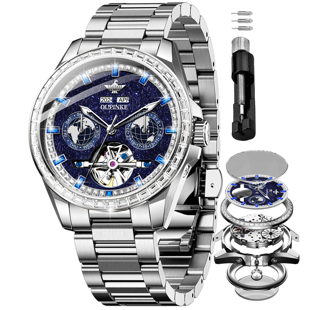 OUPINKE Mens Automatic Watches Gold Diamond Luxury Dress Self Winding Mechanical Sapphire Crystal Luminous Waterproof Mens Wrist Watch