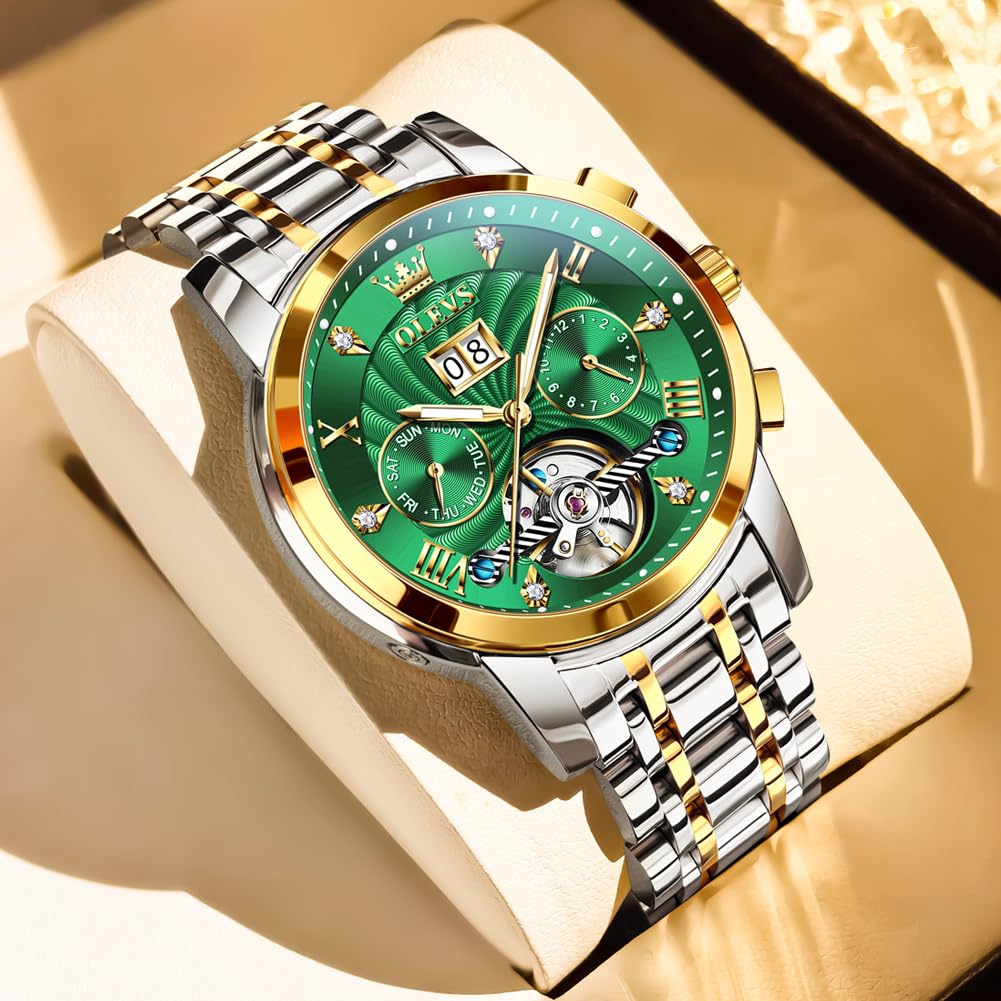 OLEVS Watches for Men Automatic Mechanical Analog Mens Watches Luxury Diamond Waterproof Mens Watch Casual Self Winding Stainless Steel Tourbillon Big Face Day Date Classic Watch for Men