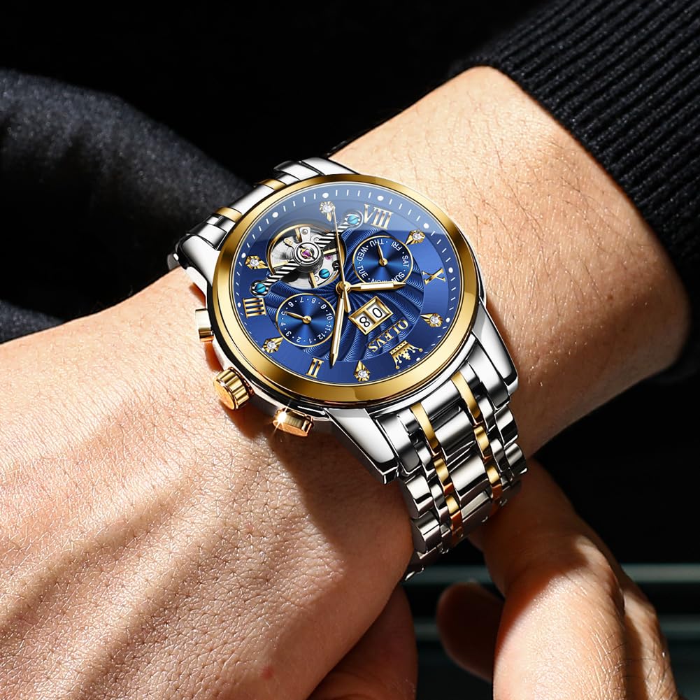 OLEVS Watches for Men Automatic Mechanical Analog Mens Watches Luxury Diamond Waterproof Mens Watch Casual Self Winding Stainless Steel Tourbillon Big Face Day Date Classic Watch for Men