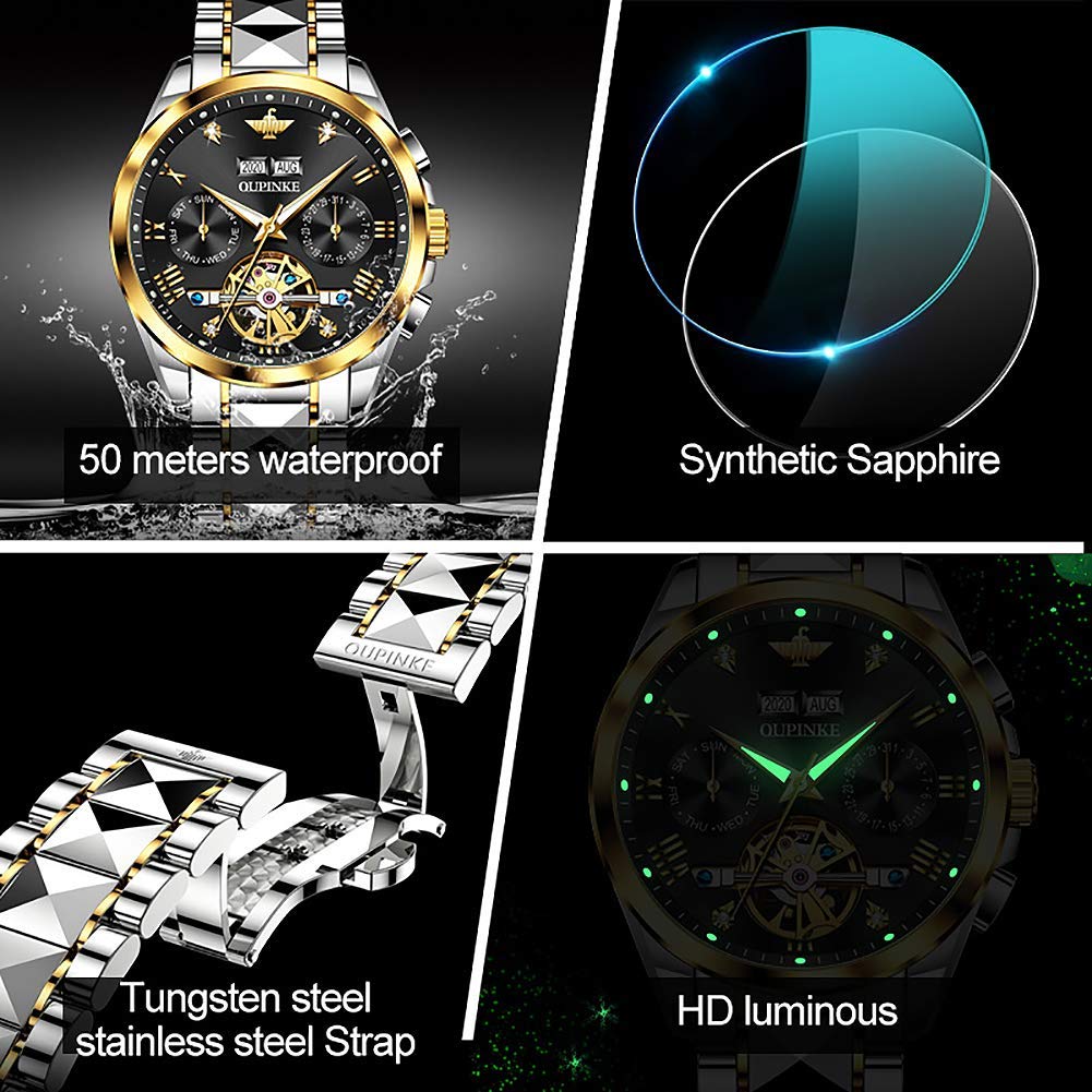 OUPINKE Mens Automatic Watch Diamond Skeleton Mechanical Self Winding Luxury Dress Wrist Watch Sapphire Crystal Tungsten