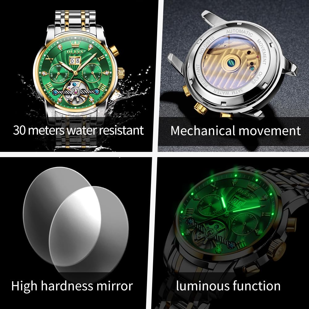 OLEVS Watches for Men Automatic Mechanical Analog Mens Watches Luxury Diamond Waterproof Mens Watch Casual Self Winding Stainless Steel Tourbillon Big Face Day Date Classic Watch for Men