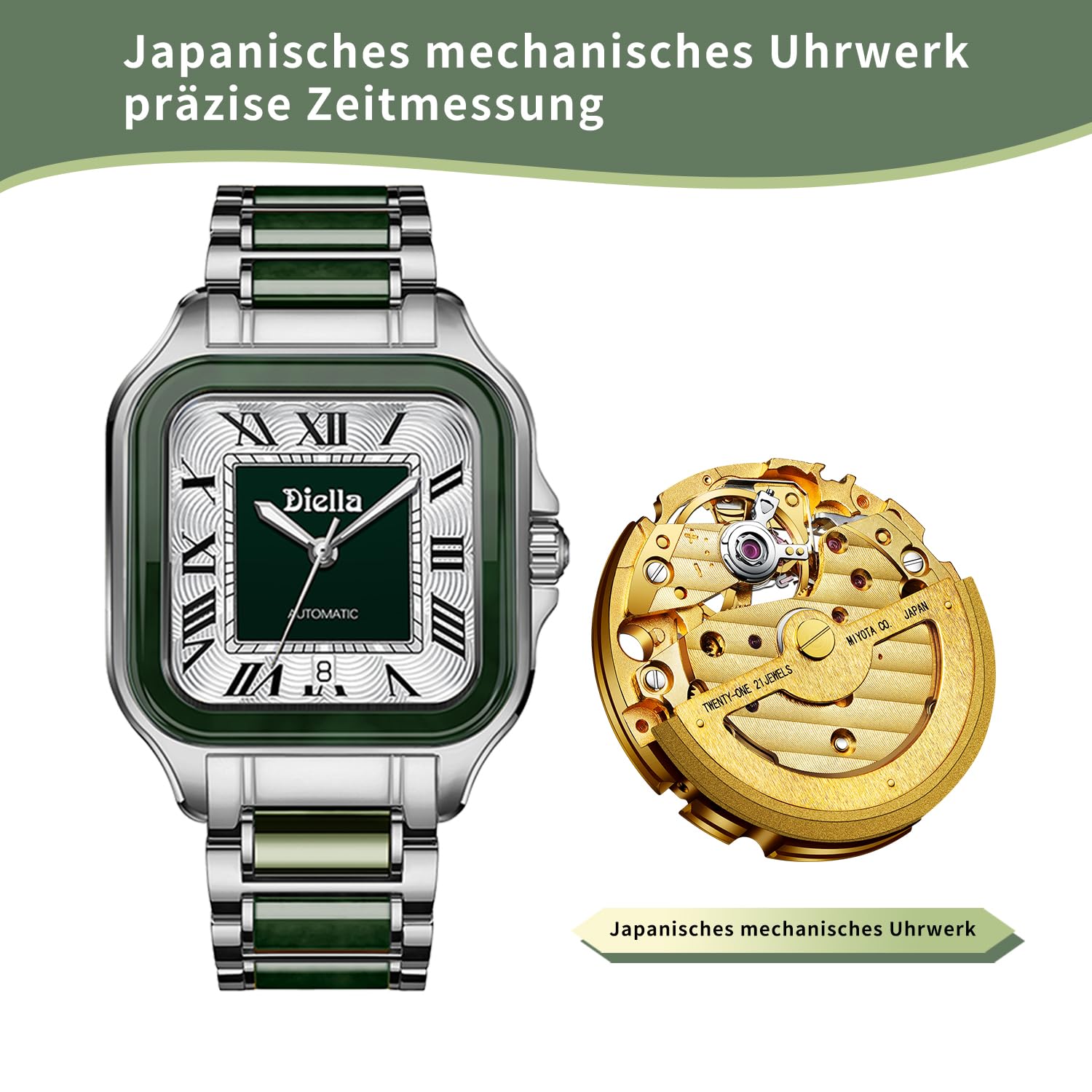 Diella Watches for Men, Mens Watches Waterproof Date Luminous, Dial is Inlaid with Emerald Jade, Crown with Sapphire Automatic Watches for Men Highend Luxurious Gift