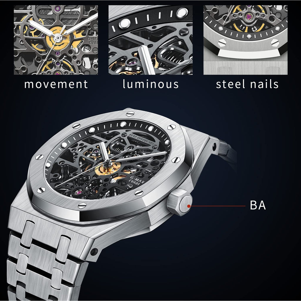 Redhai Automatic Mechanical Watch Skeleton Stainless 50M Waterproof Anti Shock Casual Diver Men Wrist Watch Sterling Watches Chronograph Analog Business Casual Fashion Adjustable Silicone Band