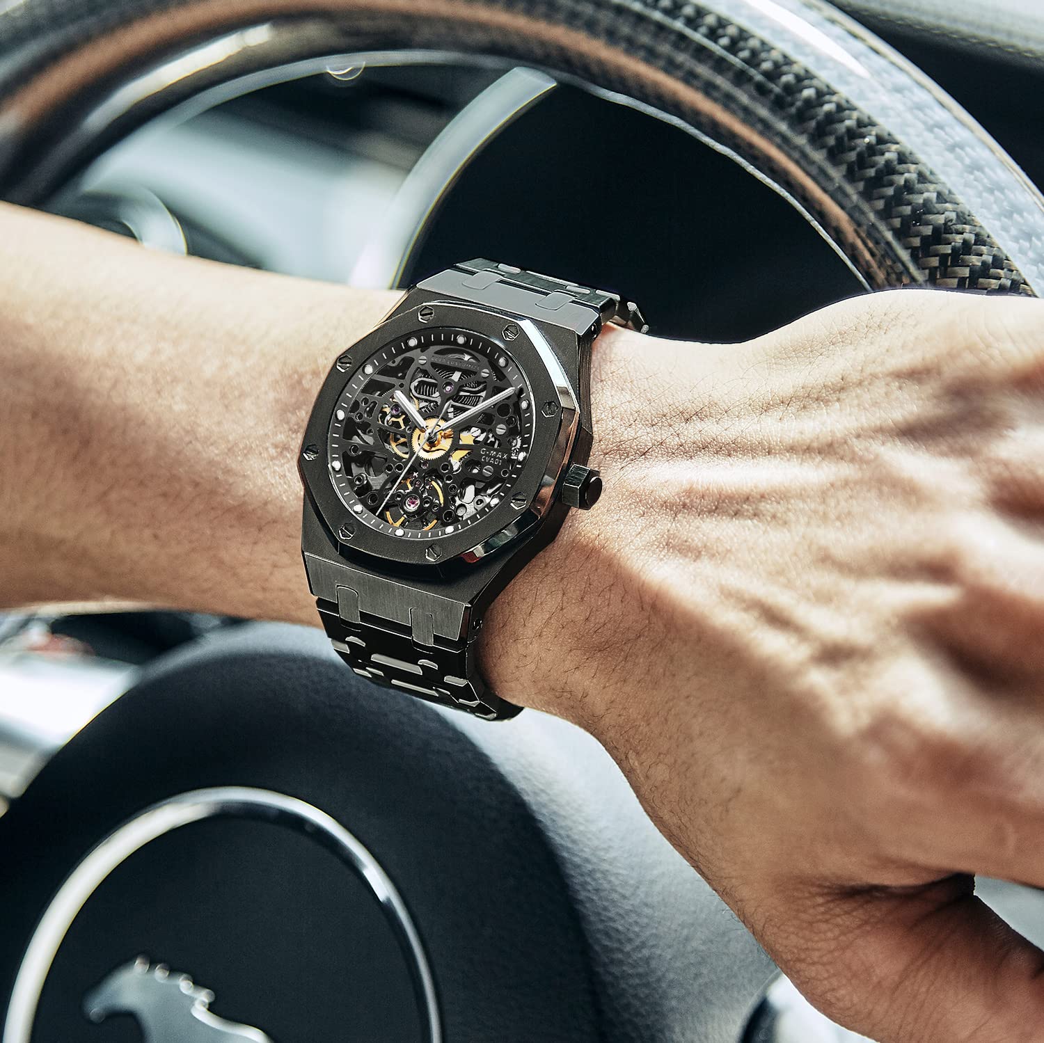 Redhai Automatic Mechanical Watch Skeleton Stainless 50M Waterproof Anti Shock Casual Diver Men Wrist Watch Sterling Watches Chronograph Analog Business Casual Fashion Adjustable Silicone Band