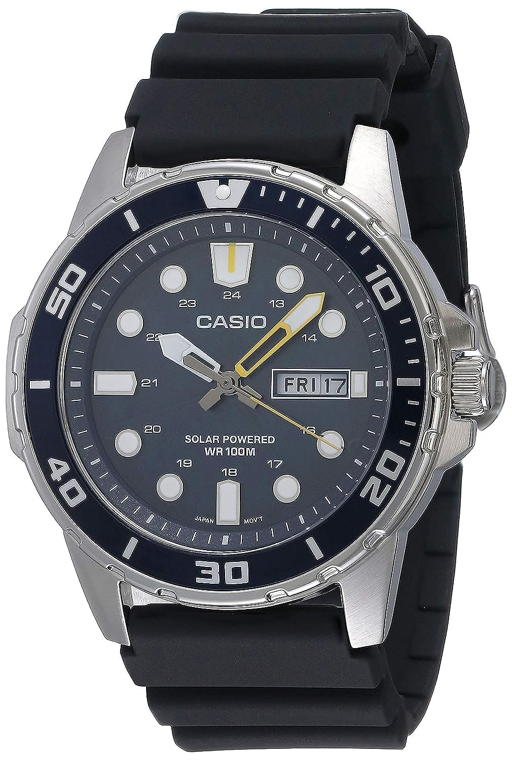 Casio MTPS110 Series | Unisex Analog Watch | 100M WR | Stainless Steel Case | 3 Hand Analog (HR, Min, SEC) | Date Display | Low Battery Alert | Diver Inspired Styling | Solar Powered