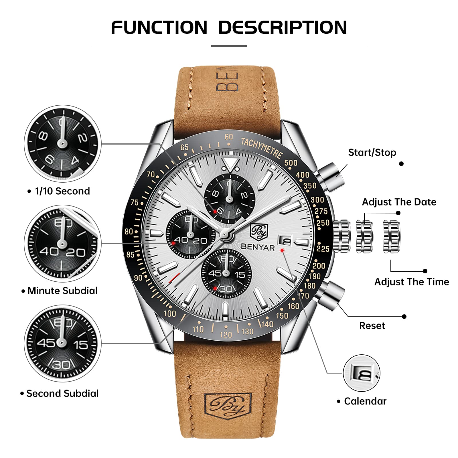 BENYAR Mens Watches Quartz Movement Chronograph Leather Strap Fashion Business Sport Design 30M Waterproof Scratch Resistant Elegant Gifts for Men