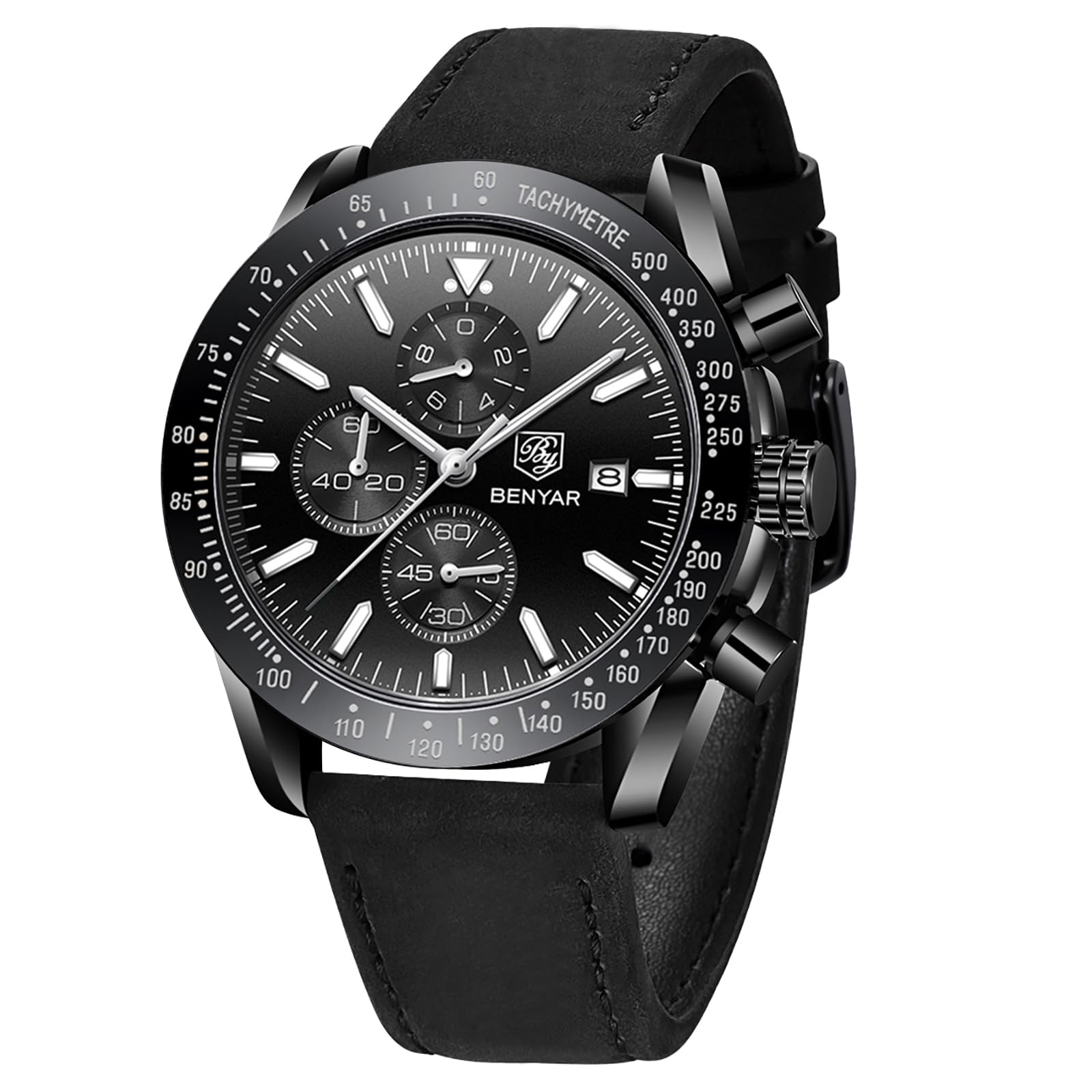 BENYAR Mens Watches Quartz Movement Chronograph Leather Strap Fashion Business Sport Design 30M Waterproof Scratch Resistant Elegant Gifts for Men