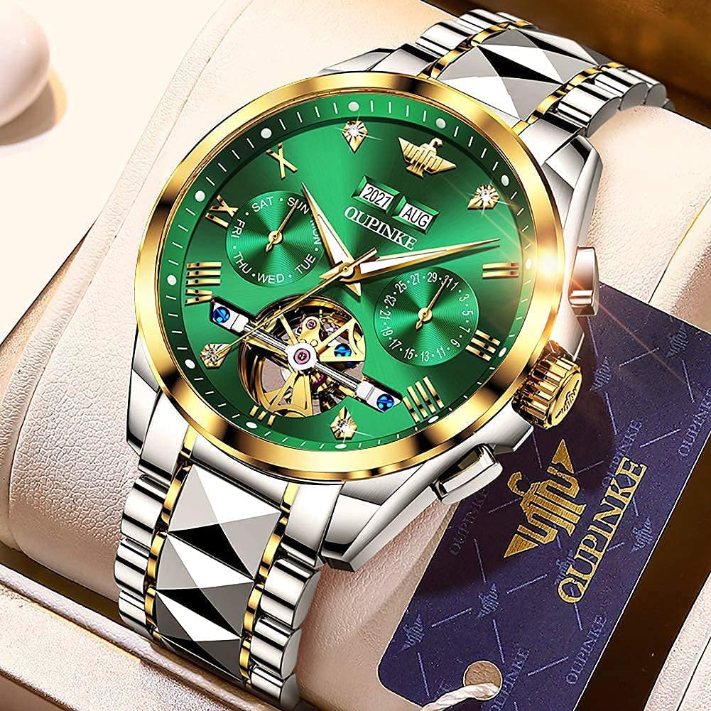 OUPINKE Mens Automatic Watch Diamond Skeleton Mechanical Self Winding Luxury Dress Wrist Watch Sapphire Crystal Tungsten