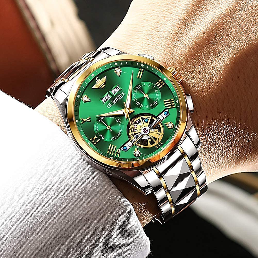 OUPINKE Mens Automatic Watch Diamond Skeleton Mechanical Self Winding Luxury Dress Wrist Watch Sapphire Crystal Tungsten
