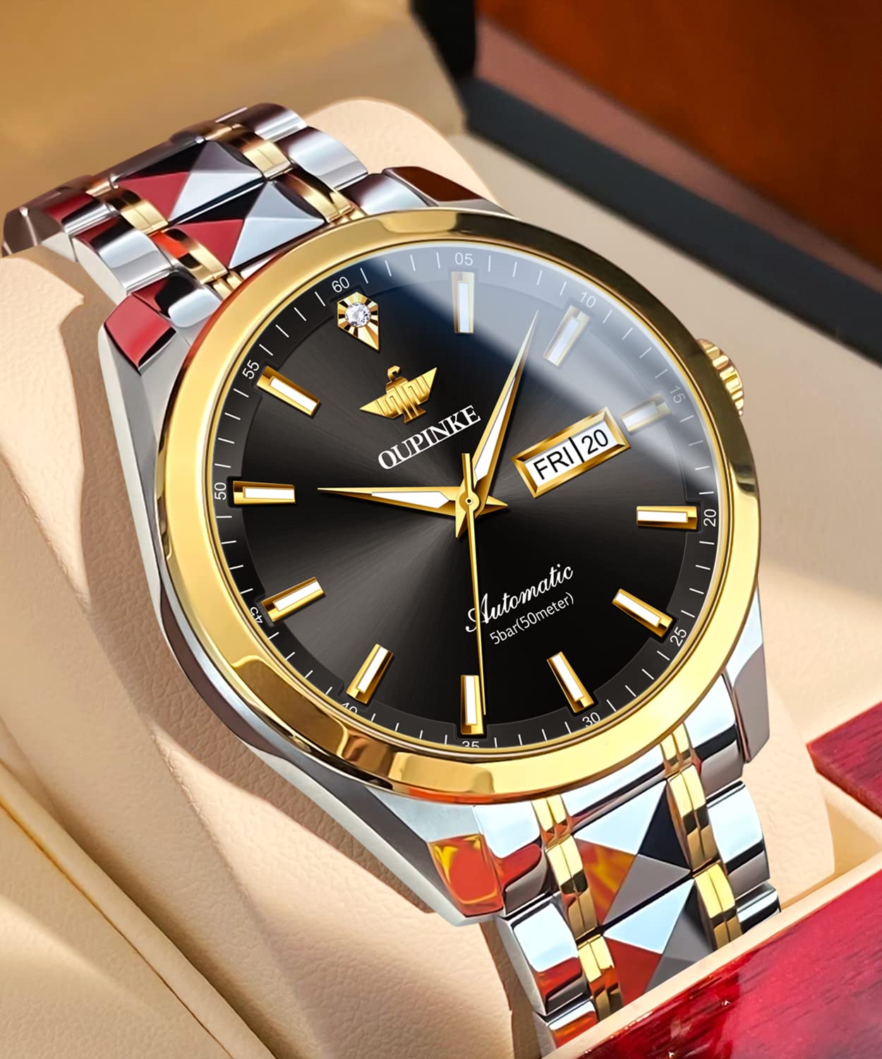 OUPINKE Mens Automatic Watches Gold Diamond Luxury Dress Self Winding Mechanical Sapphire Crystal Luminous Waterproof Mens Wrist Watch