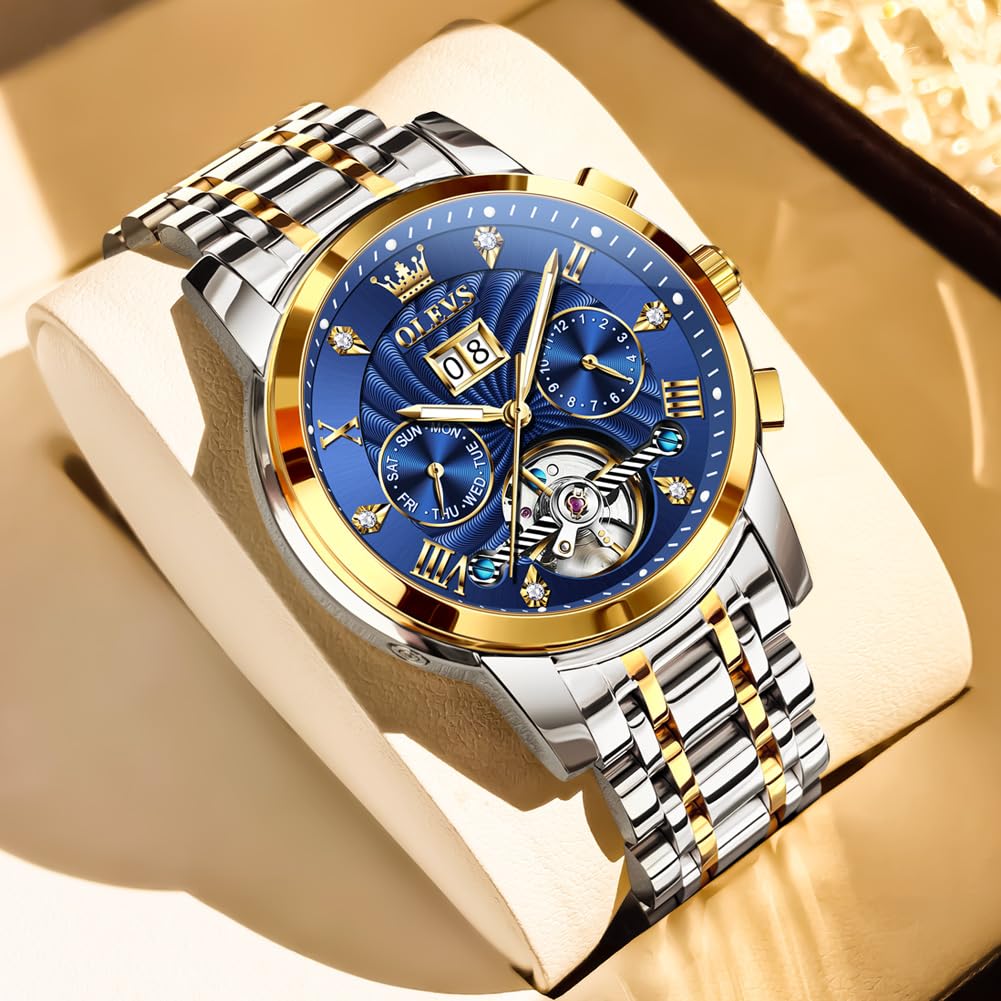 OLEVS Watches for Men Automatic Mechanical Analog Mens Watches Luxury Diamond Waterproof Mens Watch Casual Self Winding Stainless Steel Tourbillon Big Face Day Date Classic Watch for Men