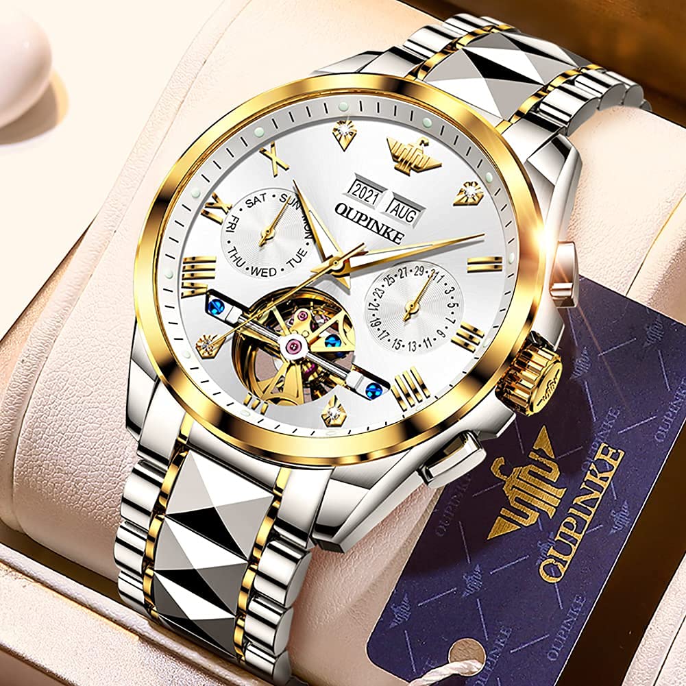OUPINKE Mens Automatic Watch Diamond Skeleton Mechanical Self Winding Luxury Dress Wrist Watch Sapphire Crystal Tungsten