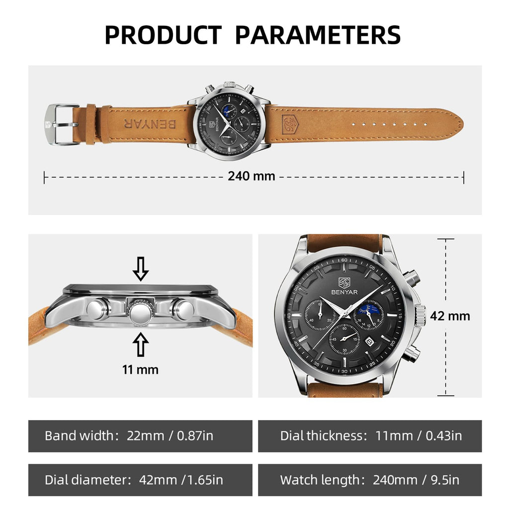 BY BENYAR Mens Watches Analog Quartz Chronograph Waterproof Wrist Watches for Men Fashion Business Work Casual Sport Designer Dress Watch with Calendar Elegant Gifts for Men