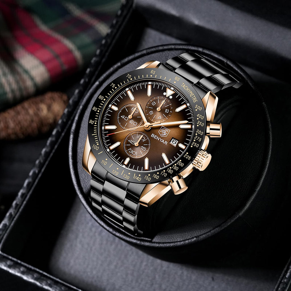 BENYAR Mens Watches Quartz Movement Chronograph Leather Strap Fashion Business Sport Design 30M Waterproof Scratch Resistant Elegant Gifts for Men