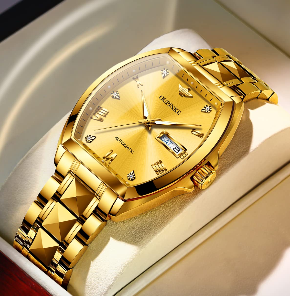 OUPINKE Mens Automatic Watch Diamond Skeleton Mechanical Self Winding Luxury Dress Wrist Watch Sapphire Crystal Tungsten