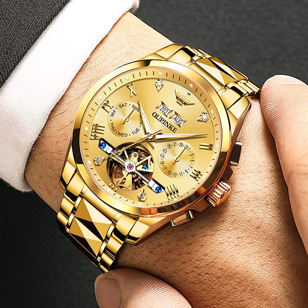 OUPINKE Mens Automatic Watch Diamond Skeleton Mechanical Self Winding Luxury Dress Wrist Watch Sapphire Crystal Tungsten
