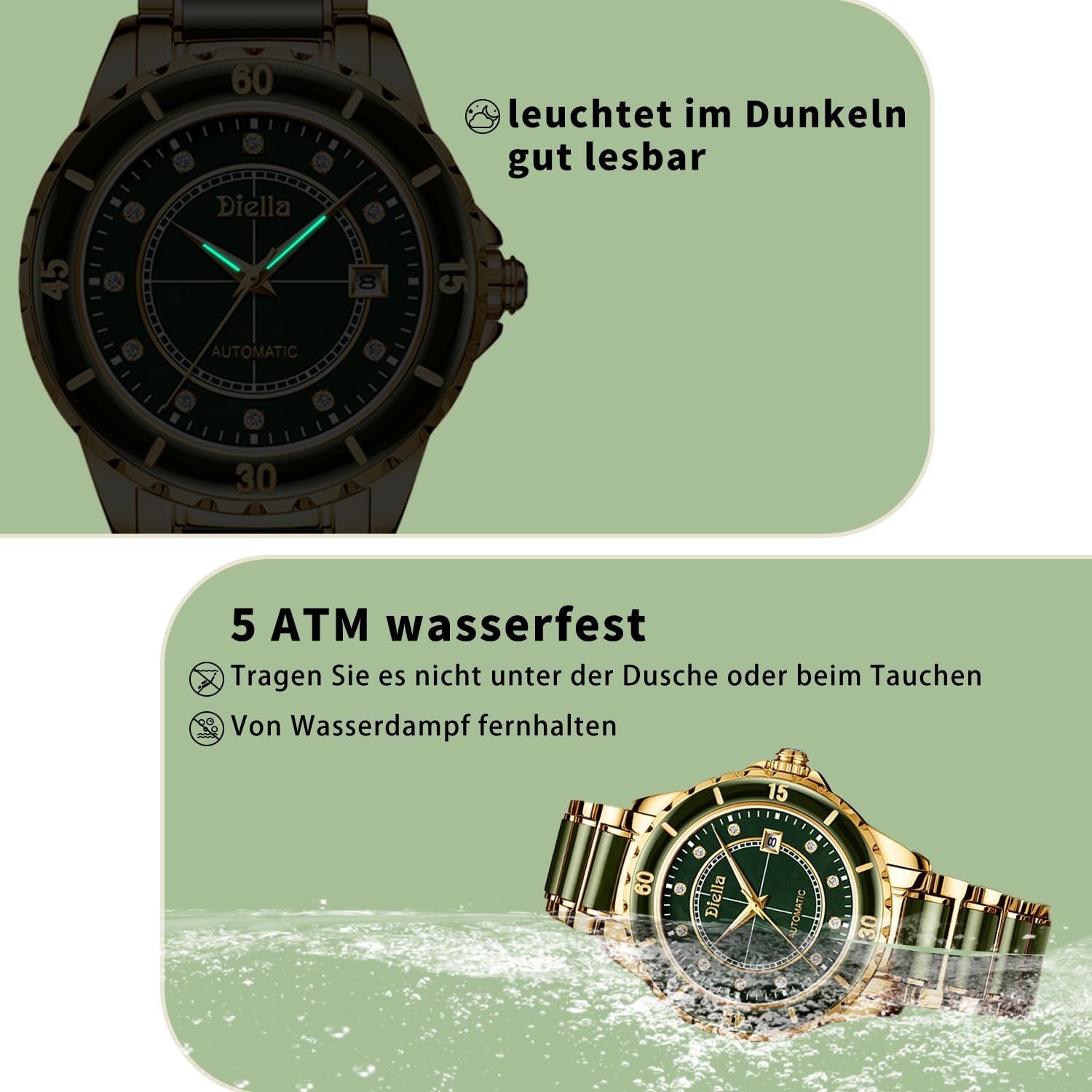 Diella Automatic Watches for Men with Jade & Stainless Steel, Rhinestones Men’s Wrist Watches Luxury Mechanical Waterproof Dress Watch (Model: AD6020)