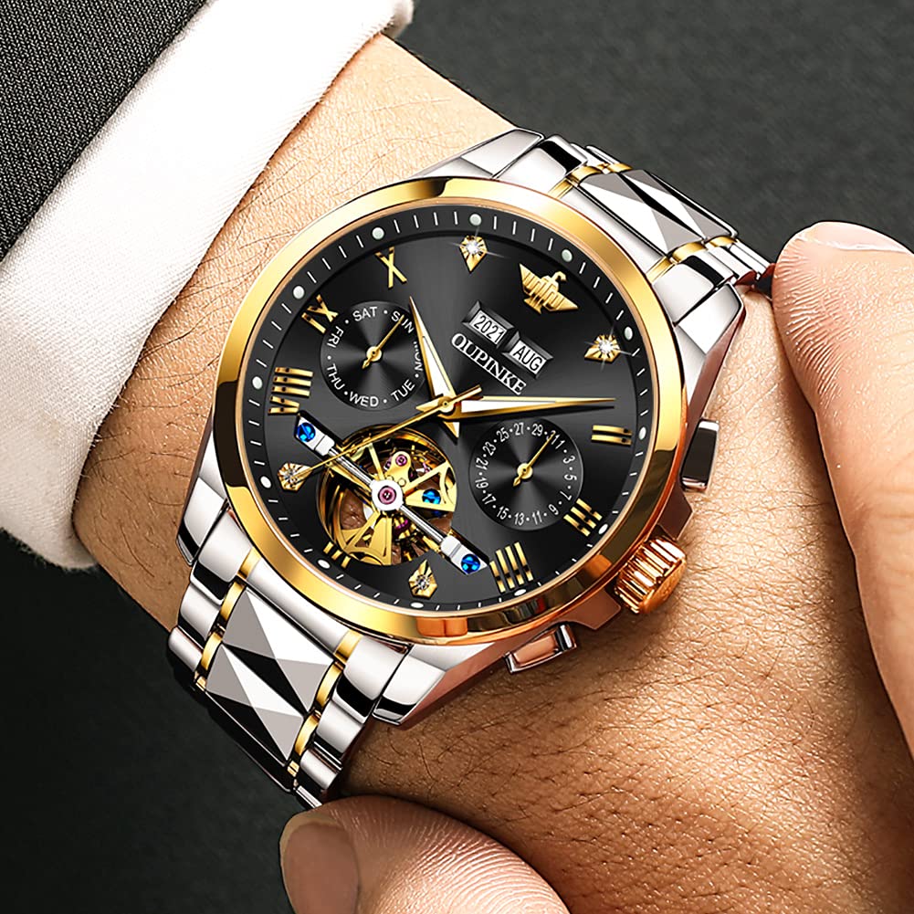 OUPINKE Mens Automatic Watch Diamond Skeleton Mechanical Self Winding Luxury Dress Wrist Watch Sapphire Crystal Tungsten