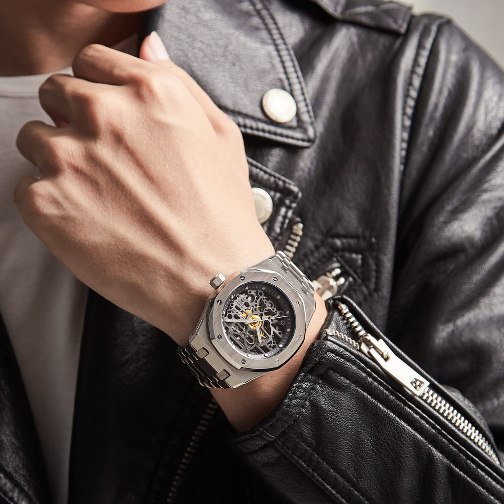 Redhai Automatic Mechanical Watch Skeleton Stainless 50M Waterproof Anti Shock Casual Diver Men Wrist Watch Sterling Watches Chronograph Analog Business Casual Fashion Adjustable Silicone Band