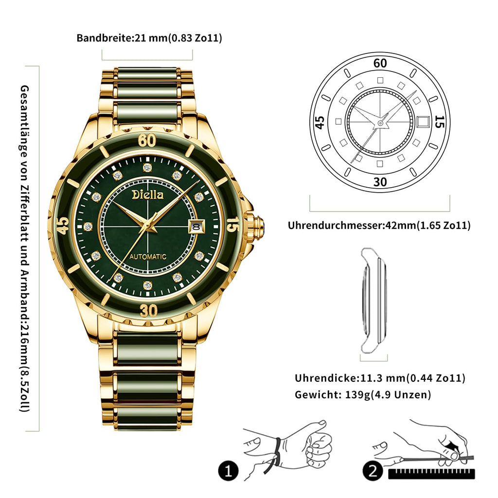 Diella Automatic Watches for Men with Jade & Stainless Steel, Rhinestones Men’s Wrist Watches Luxury Mechanical Waterproof Dress Watch (Model: AD6020)