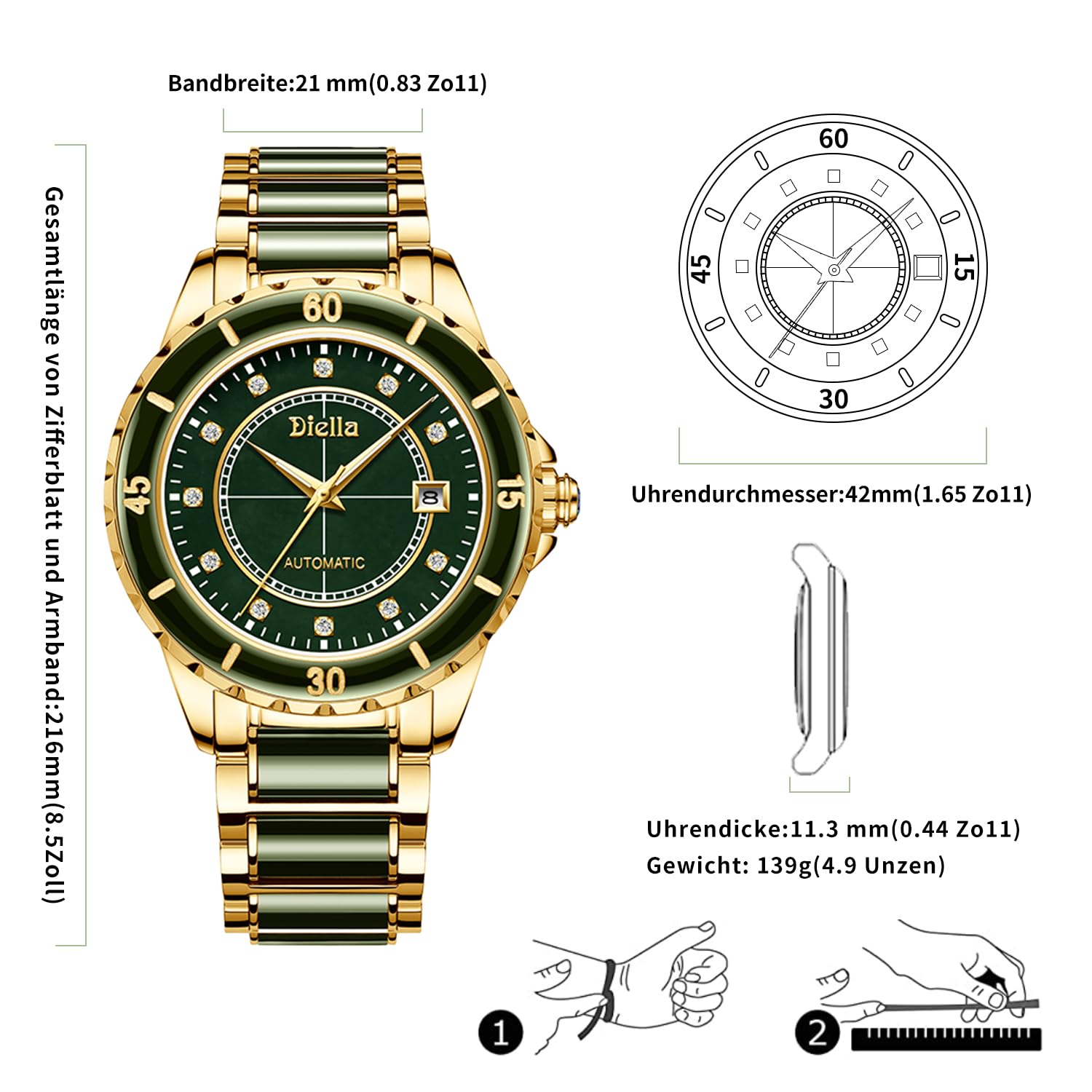 Diella Automatic Watches for Men with Jade & Stainless Steel, Rhinestones Men’s Wrist Watches Luxury Mechanical Waterproof Dress Watch (Model: AD6020)