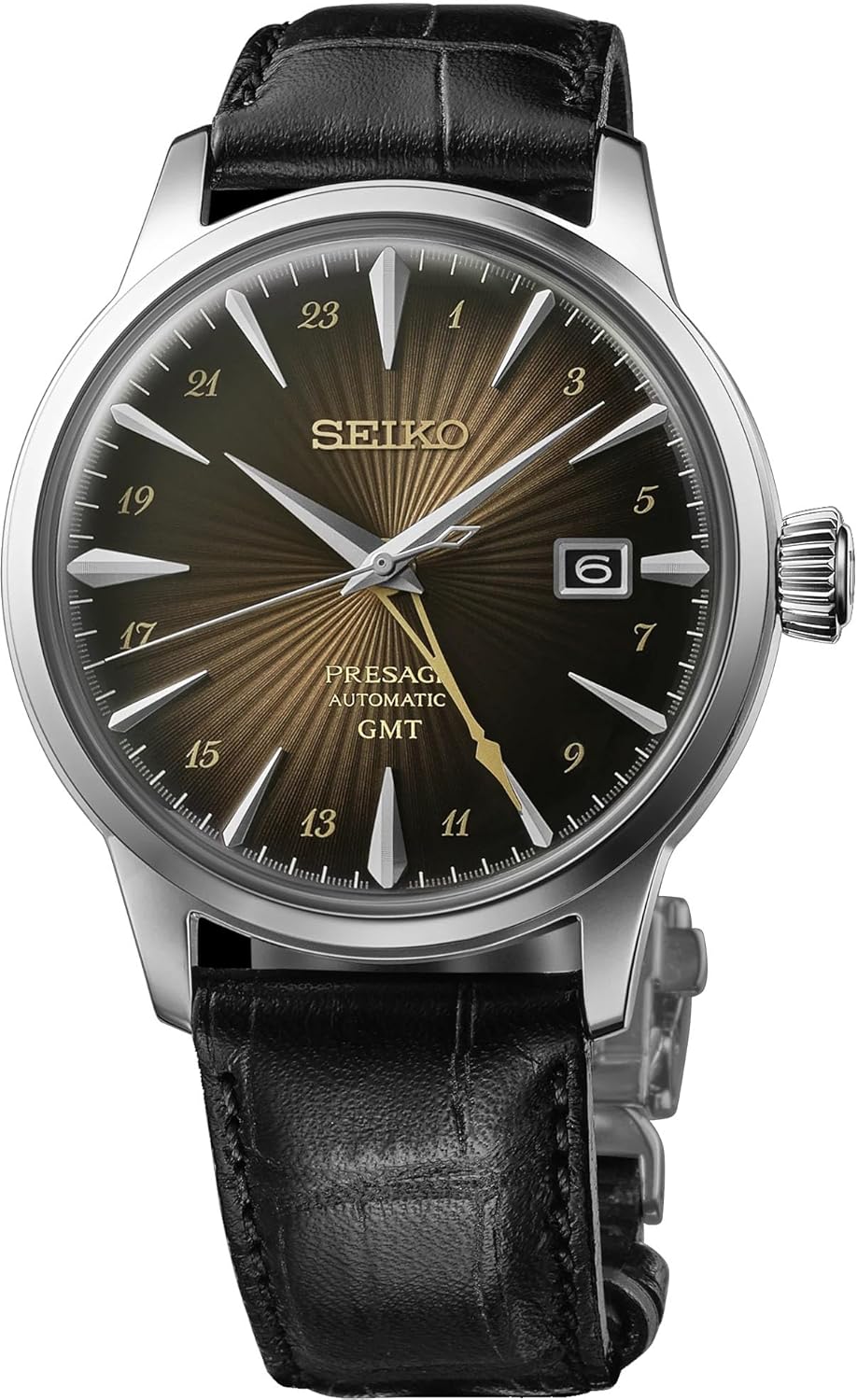 Seiko SSK039 Men's Presage Rusty Nail Cocktail GMT Brown Dial Leather Band Watch