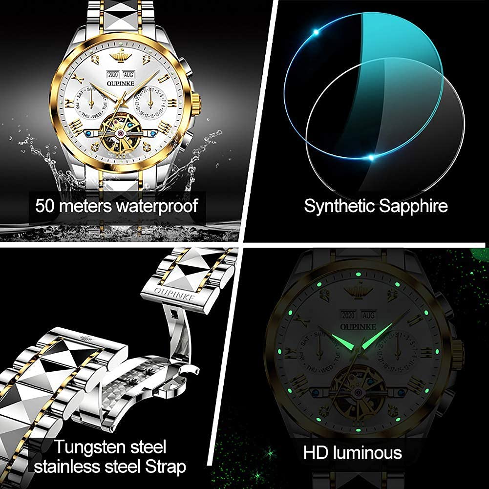 OUPINKE Mens Automatic Watch Diamond Skeleton Mechanical Self Winding Luxury Dress Wrist Watch Sapphire Crystal Tungsten