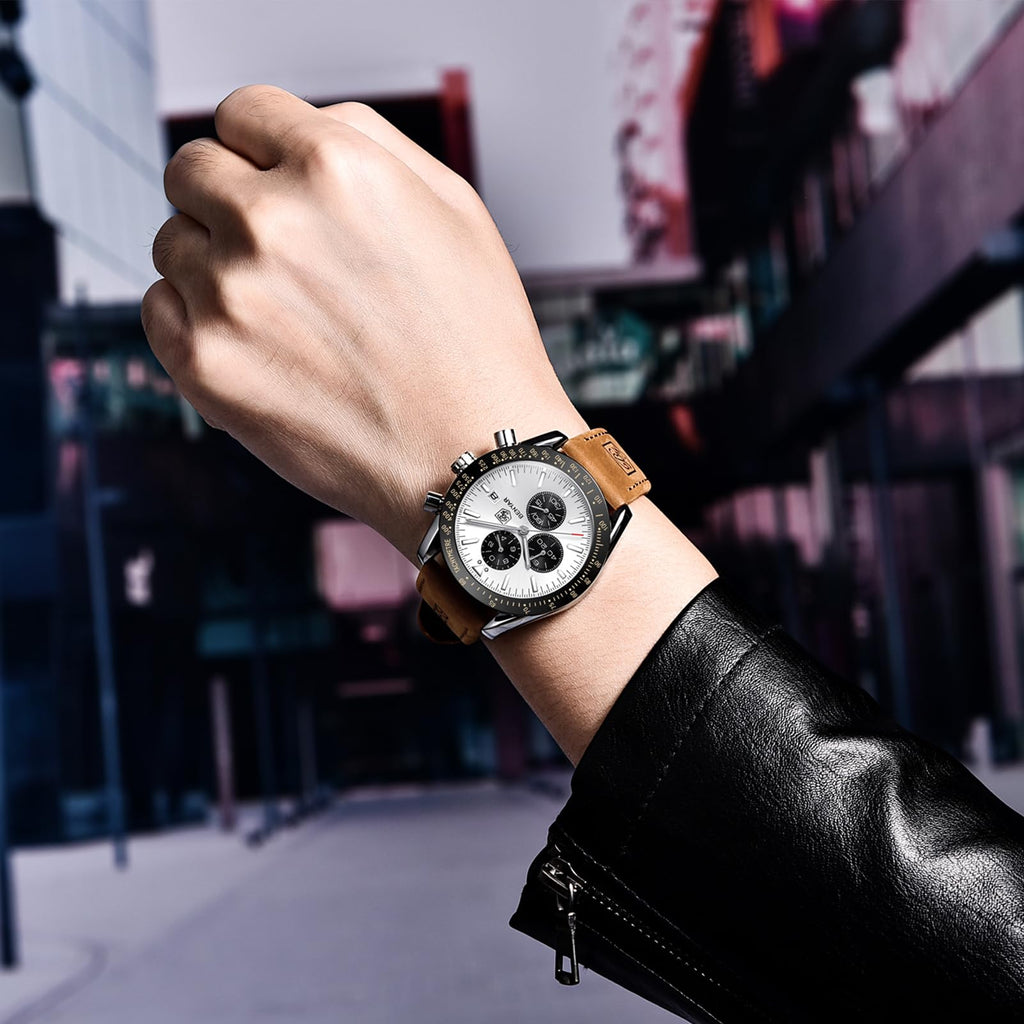 BENYAR Mens Watches Quartz Movement Chronograph Leather Strap Fashion Business Sport Design 30M Waterproof Scratch Resistant Elegant Gifts for Men