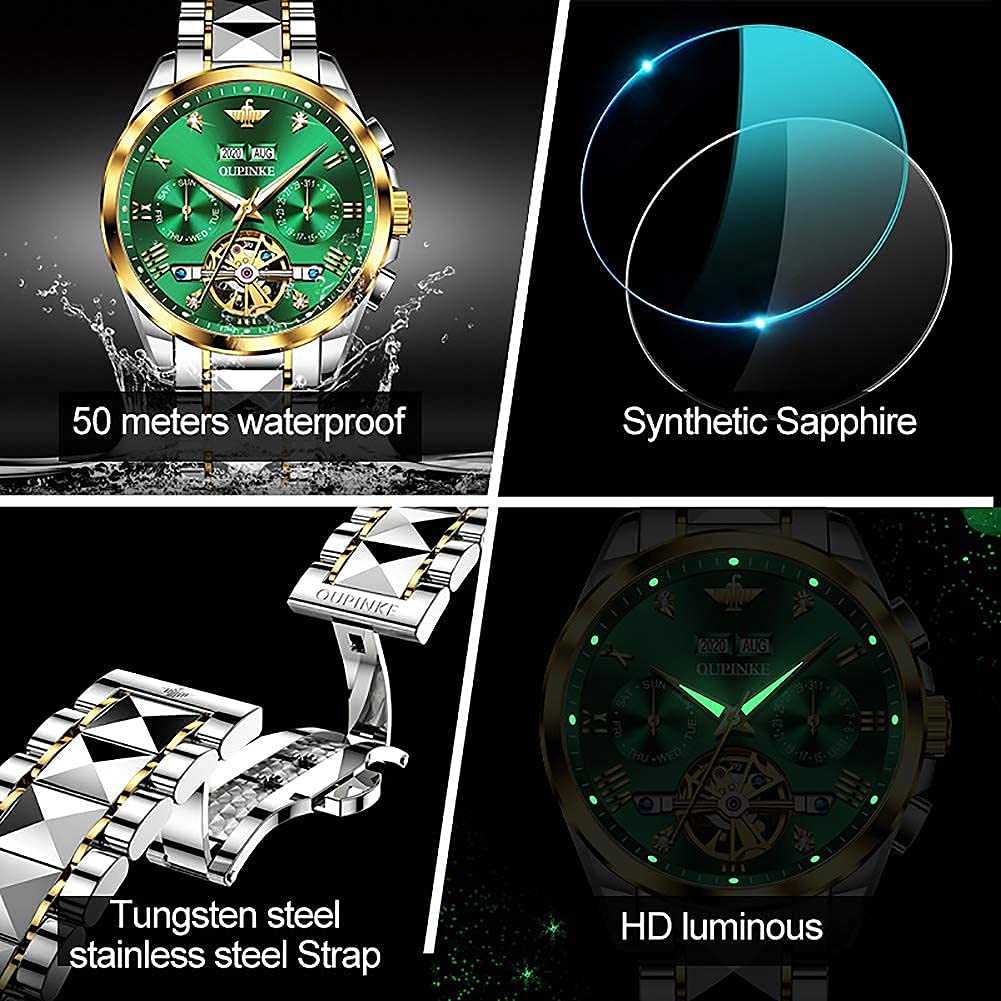 OUPINKE Mens Automatic Watch Diamond Skeleton Mechanical Self Winding Luxury Dress Wrist Watch Sapphire Crystal Tungsten