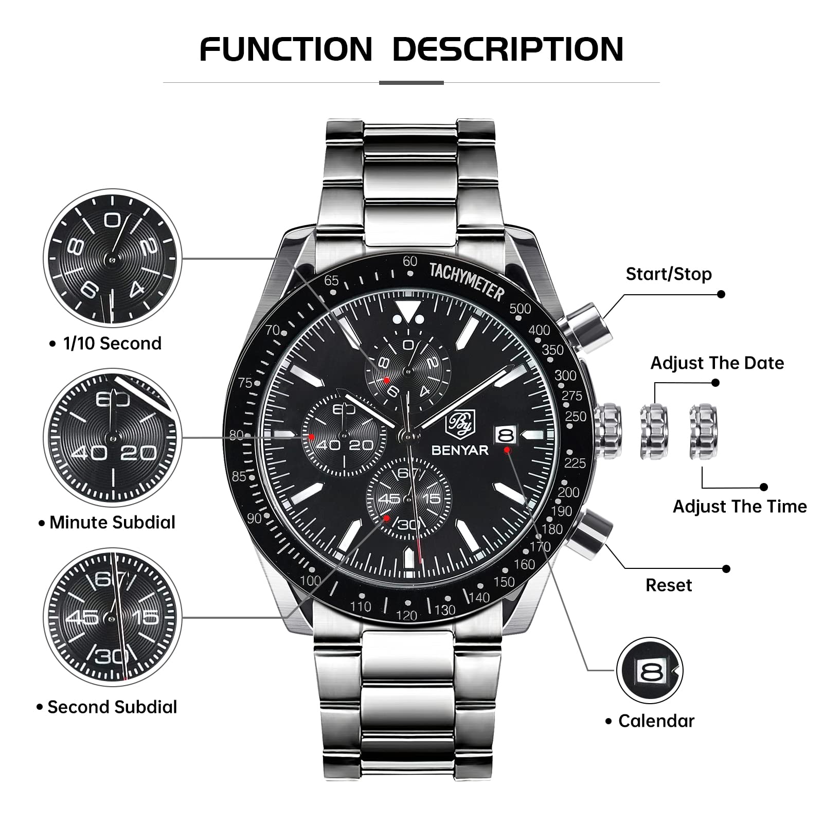BENYAR Mens Watches Quartz Movement Chronograph Leather Strap Fashion Business Sport Design 30M Waterproof Scratch Resistant Elegant Gifts for Men