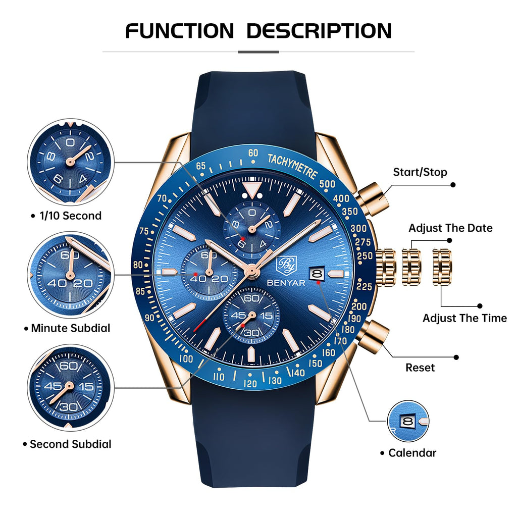 BENYAR Mens Watches Quartz Movement Chronograph Leather Strap Fashion Business Sport Design 30M Waterproof Scratch Resistant Elegant Gifts for Men