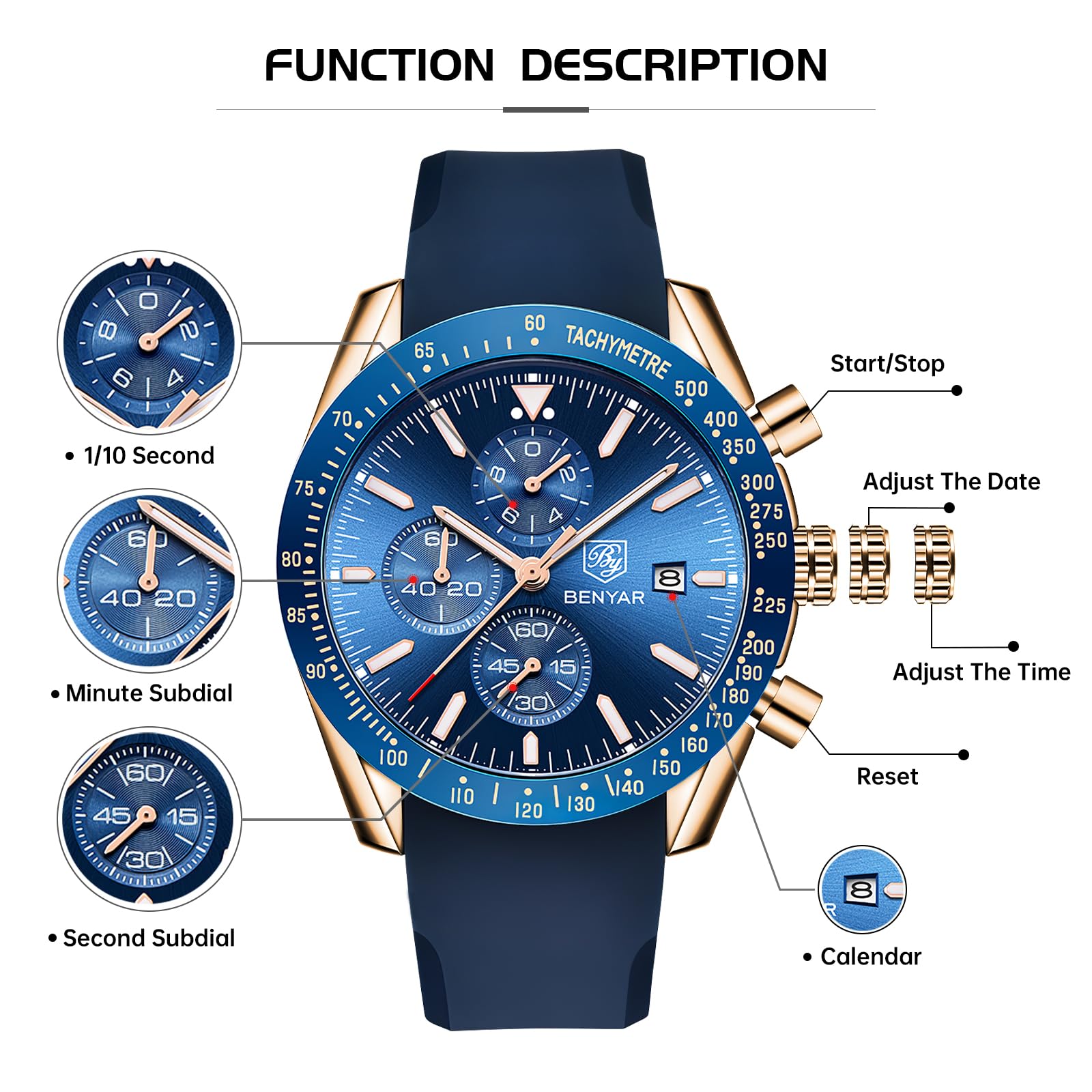 BENYAR Mens Watches Quartz Movement Chronograph Leather Strap Fashion Business Sport Design 30M Waterproof Scratch Resistant Elegant Gifts for Men
