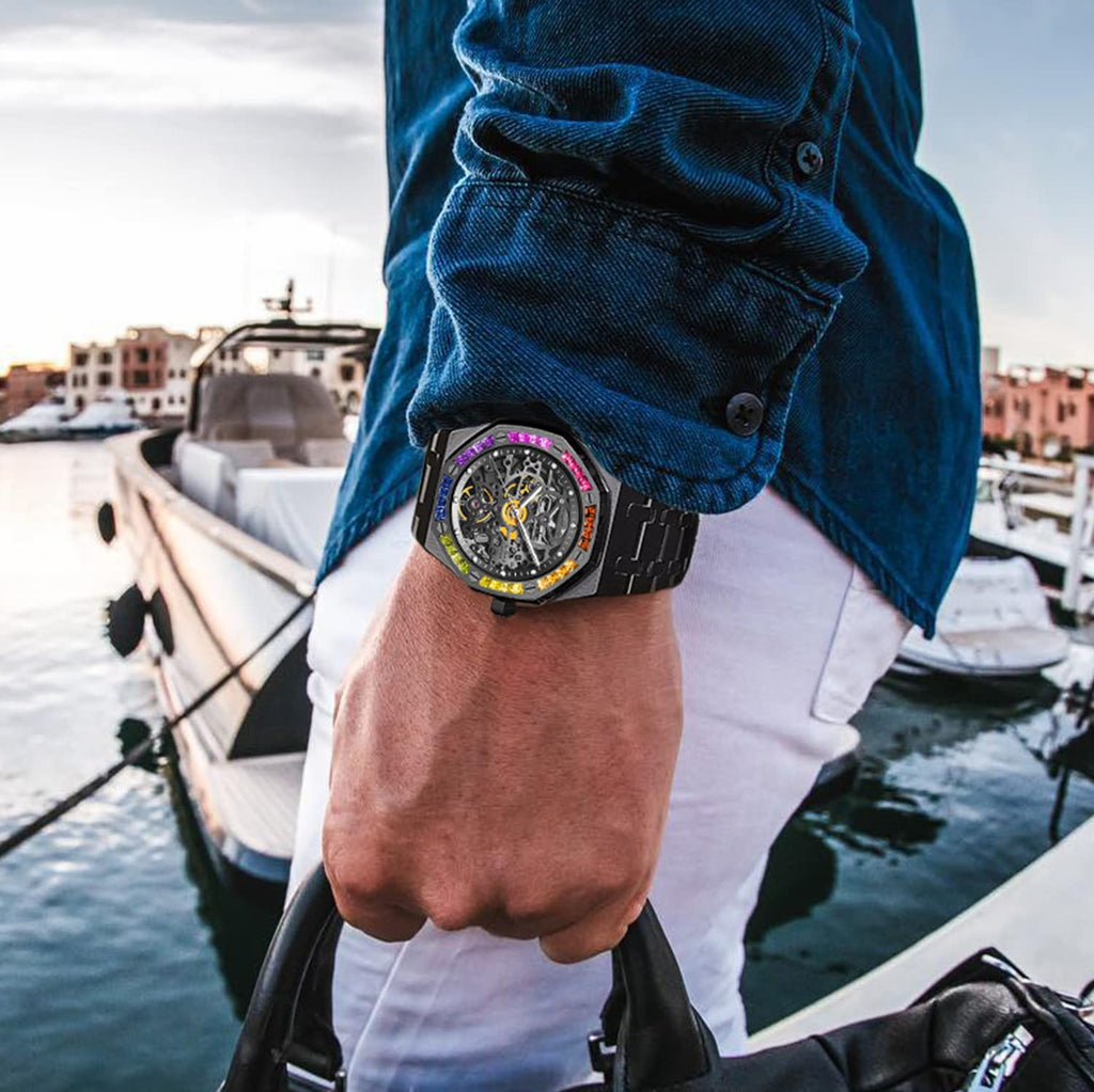 Redhai Automatic Mechanical Watch Skeleton Stainless 50M Waterproof Anti Shock Casual Diver Men Wrist Watch Sterling Watches Chronograph Analog Business Casual Fashion Adjustable Silicone Band