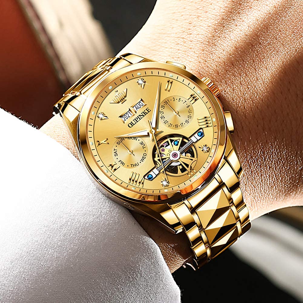 OUPINKE Mens Automatic Watch Diamond Skeleton Mechanical Self Winding Luxury Dress Wrist Watch Sapphire Crystal Tungsten