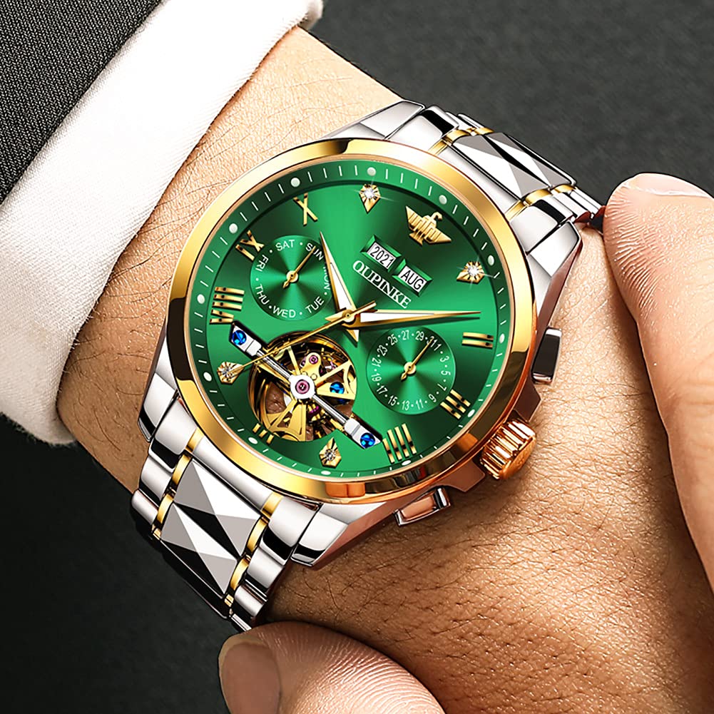 OUPINKE Mens Automatic Watch Diamond Skeleton Mechanical Self Winding Luxury Dress Wrist Watch Sapphire Crystal Tungsten