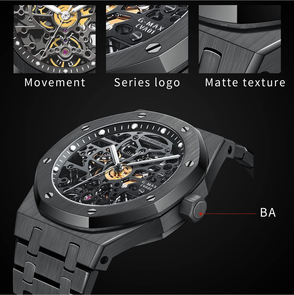 Redhai Automatic Mechanical Watch Skeleton Stainless 50M Waterproof Anti Shock Casual Diver Men Wrist Watch Sterling Watches Chronograph Analog Business Casual Fashion Adjustable Silicone Band