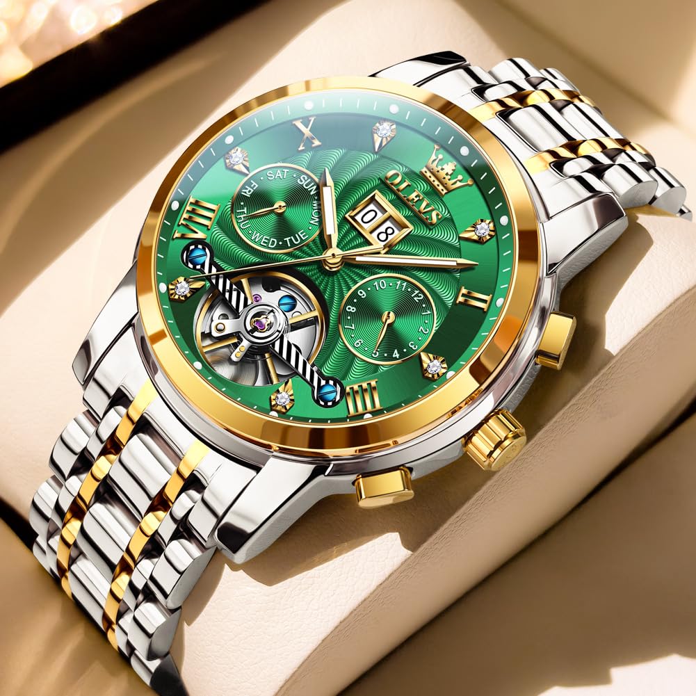 OLEVS Watches for Men Automatic Mechanical Analog Mens Watches Luxury Diamond Waterproof Mens Watch Casual Self Winding Stainless Steel Tourbillon Big Face Day Date Classic Watch for Men