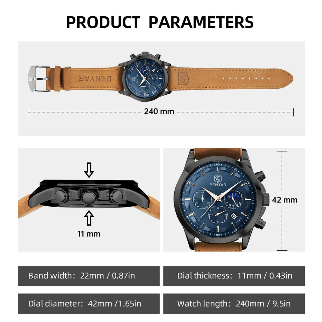 BY BENYAR Mens Watches Analog Quartz Chronograph Waterproof Wrist Watches for Men Fashion Business Work Casual Sport Designer Dress Watch with Calendar Elegant Gifts for Men